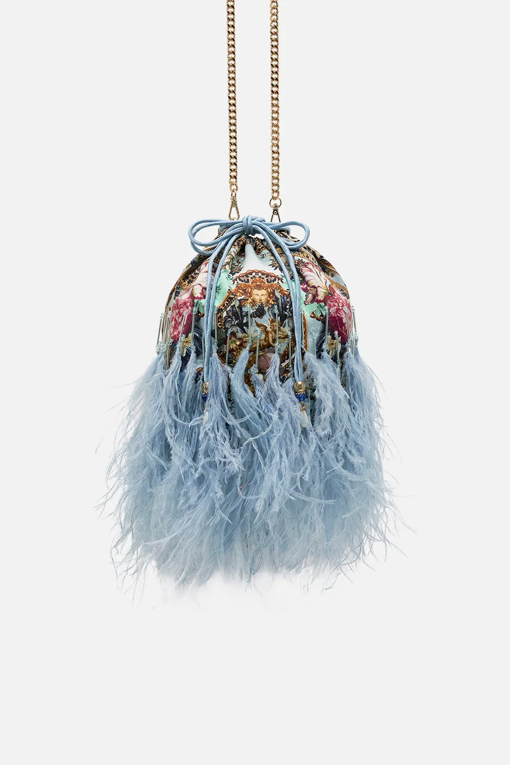 ROUND DRAWSTRING POUCH WITH FEATHERS LETTERS TO LEO sold by Camilla