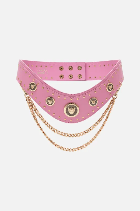 BELT WITH LEOPARD HARDWARE AND CHAINS SOLID PINK sold by Camilla