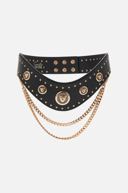 BELT WITH LEOPARD HARDWARE AND CHAINS SOLID BLACK sold by Camilla