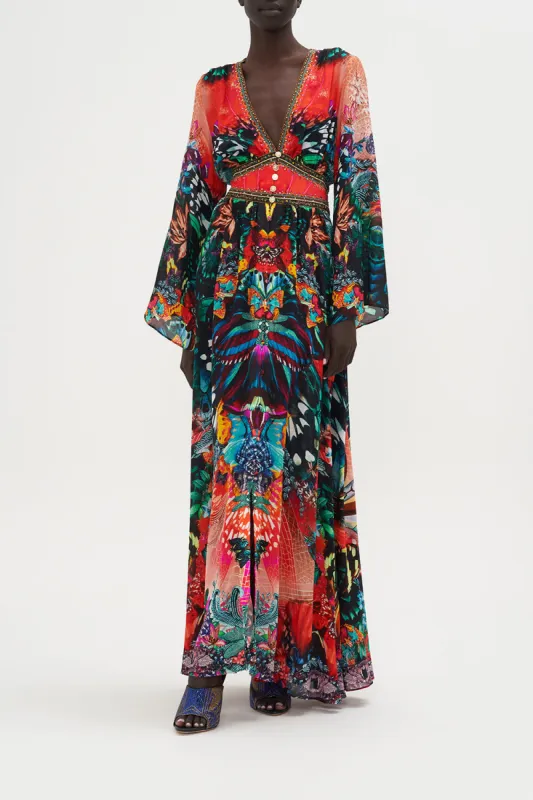 KIMONO SLEEVE DRESS WITH SHIRRING DETAIL IN A FLUTTER sold by Camilla