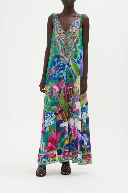 V NECK FLARED JUMPSUIT RUN FROM PARADISE sold by Camilla