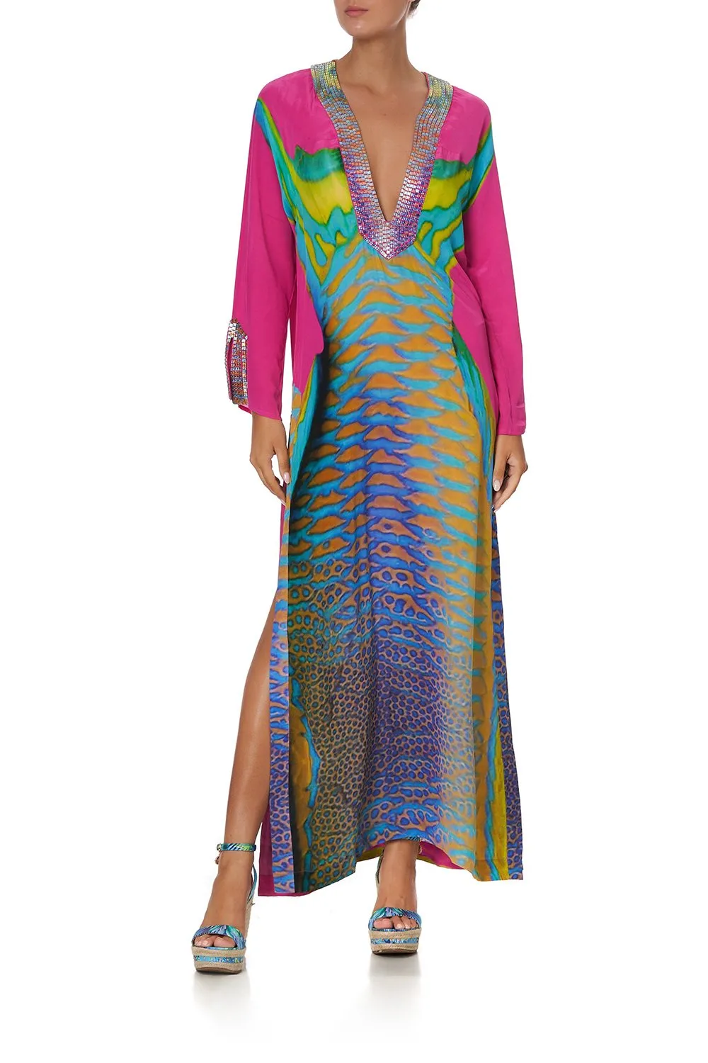 V NECK LONG DRESS WITH SIDE SPLIT PARROT sold by Camilla
