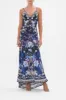 V NECK BIAS SLIP DRESS WITH BACK FRILL OBSIDIAN BLOOM sold by Camilla