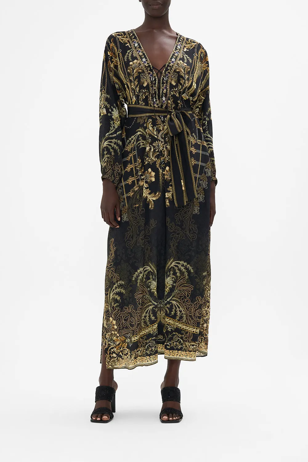 TIE FRONT V NECK DRESS THE NIGHT IS NOIR sold by Camilla