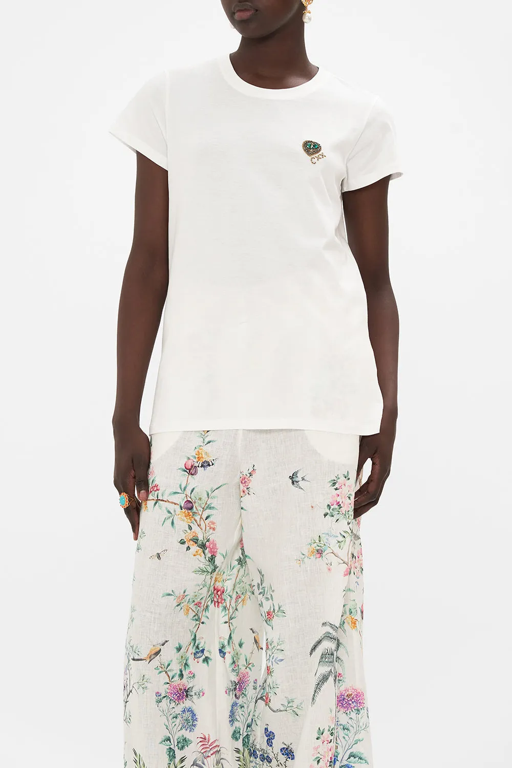 SLIM FIT ROUND NECK T-SHIRT - EMBROIDERED PLUMES AND PARTERRES sold by Camilla product image thumbnail 5