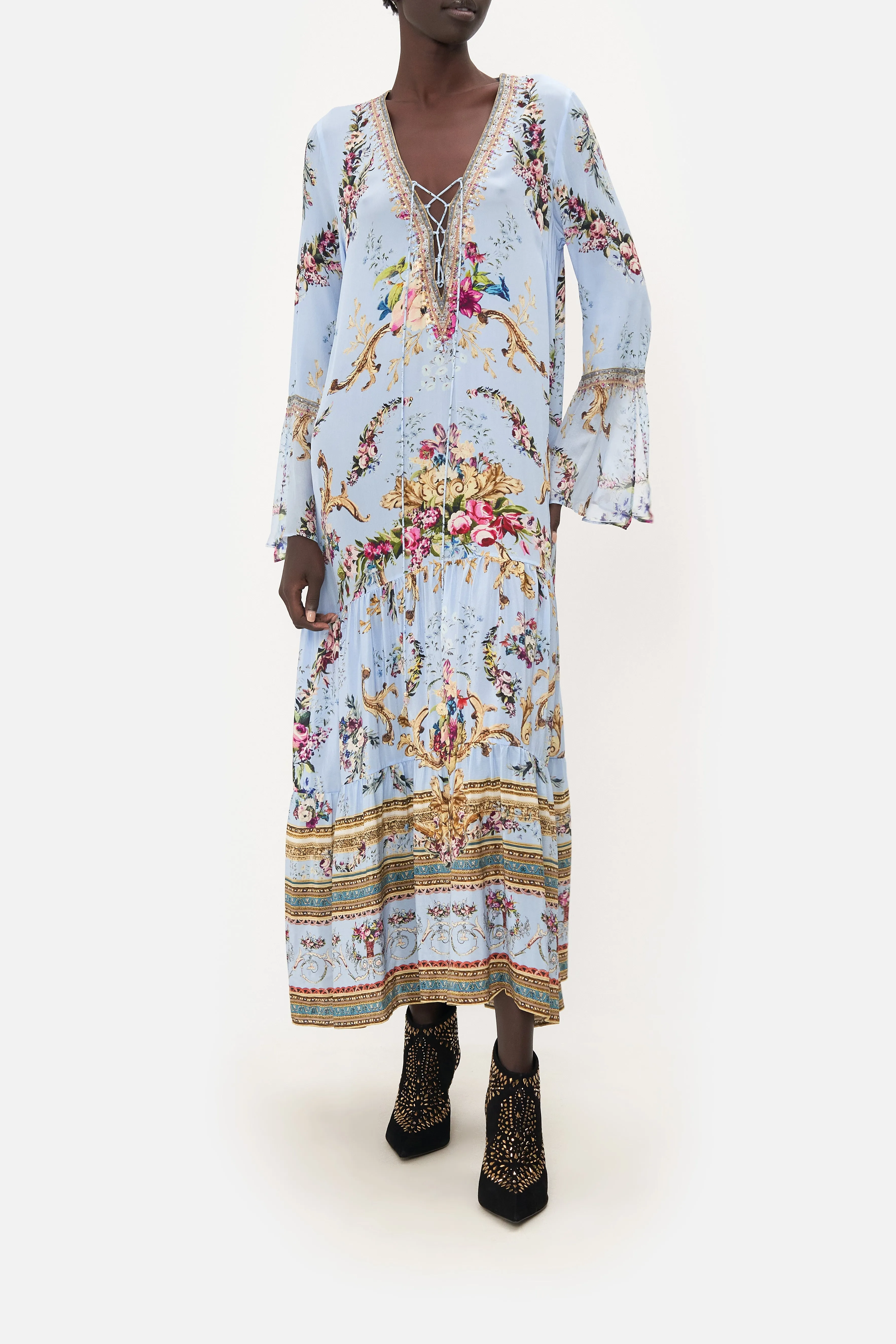 LACE UP DRESS WITH TIERED HEM FLORAFUL sold by Camilla