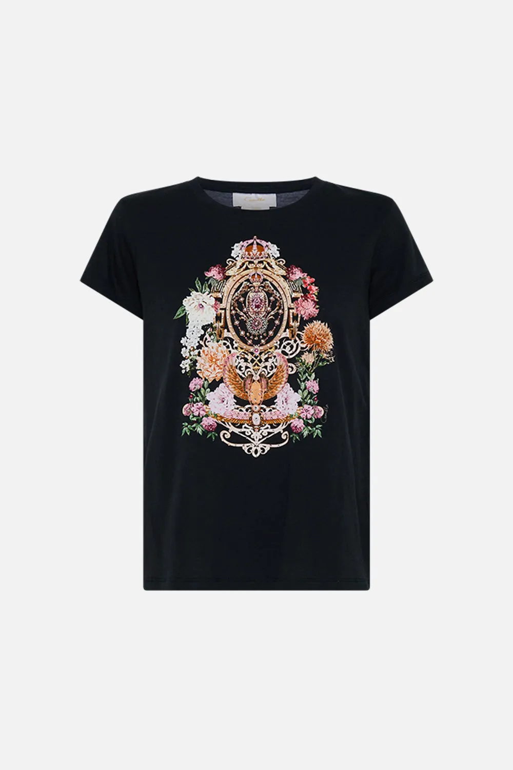 SLIM FIT ROUND NECK T-SHIRT - BLK/MULTI ADORNED IN ALEXANDRIA sold by Camilla