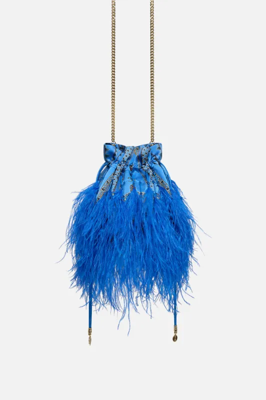 ROUND DRAWSTRING POUCH WITH FEATHERS ARCHIVAL REVIVAL sold by Camilla