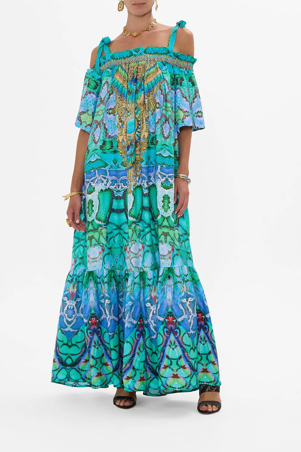 LONG OFF SHOULDER FRILL DRESS WITH STRAPS LAND OF WONDER sold by Camilla