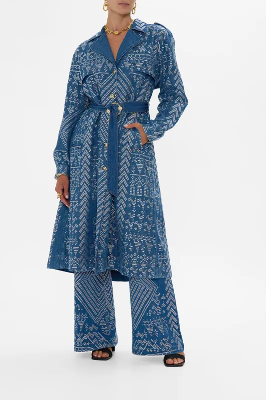 DESERT REIGN LONGLINE BELTED TRENCH COAT DENIM made by Camilla