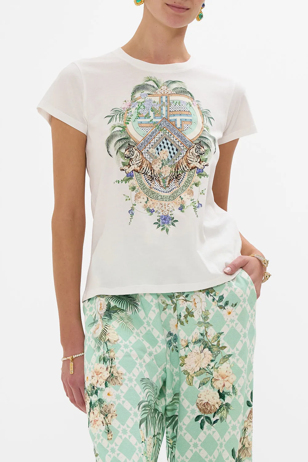 SLIM FIT ROUND NECK T-SHIRT - WHITE JARDIM PARTY sold by Camilla product image thumbnail 5