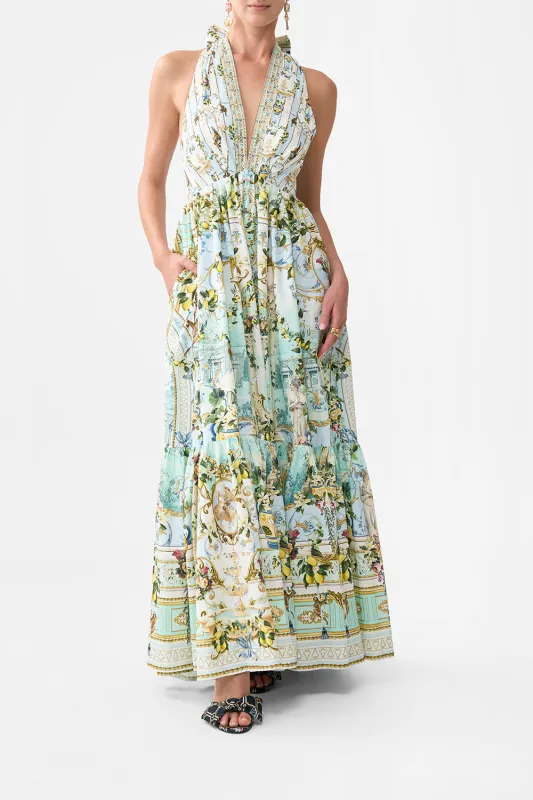 RUFFLE HEM HALTER DRESS VENUS ON A VESPA sold by Camilla