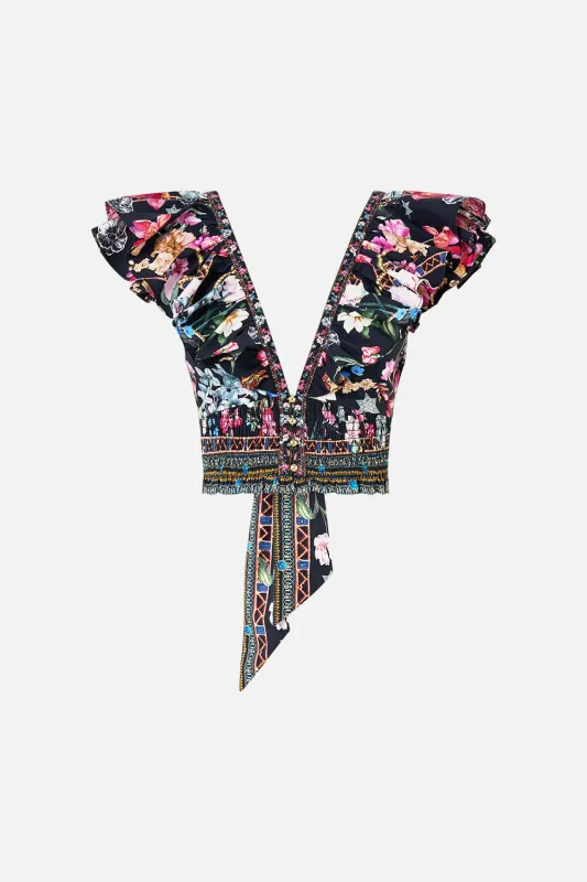 DEEP V FRILL SHORT SLEEVE TOP MIDNIGHT IN MONSERRATE sold by Camilla