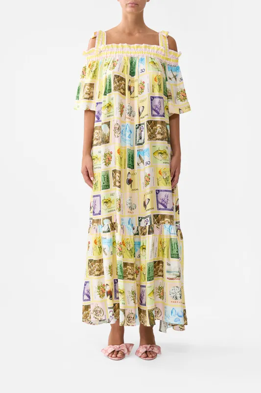 LONG OFF SHOULDER FRILL DRESS WITH STRAPS WITH LOVE FROM LISBON sold by Camilla