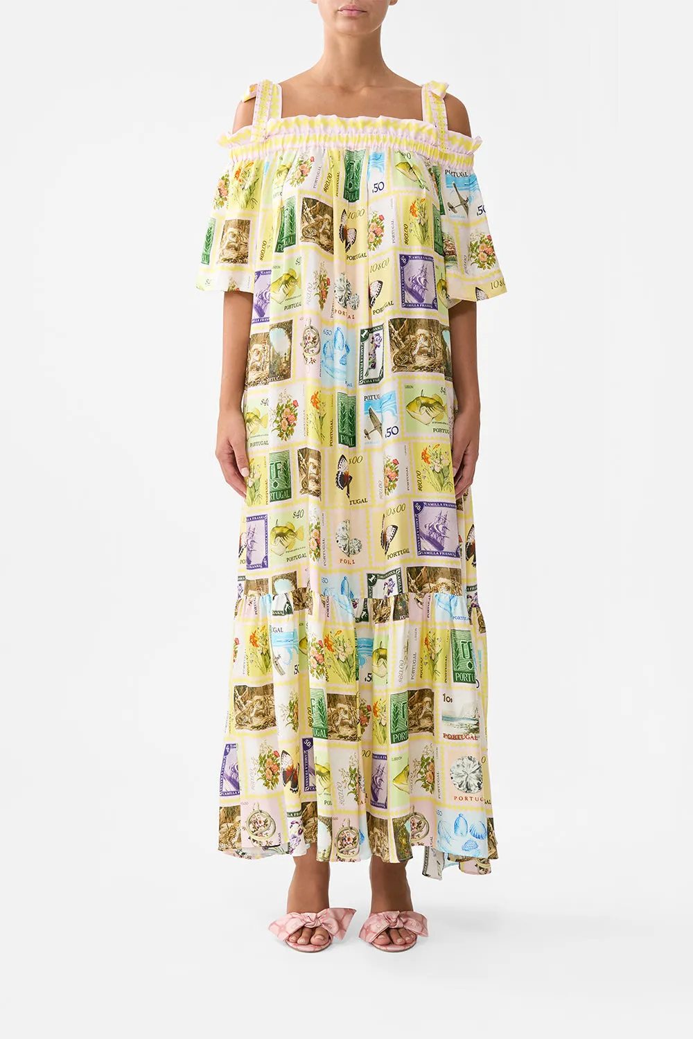 LONG OFF SHOULDER FRILL DRESS WITH STRAPS WITH LOVE FROM LISBON sold by Camilla