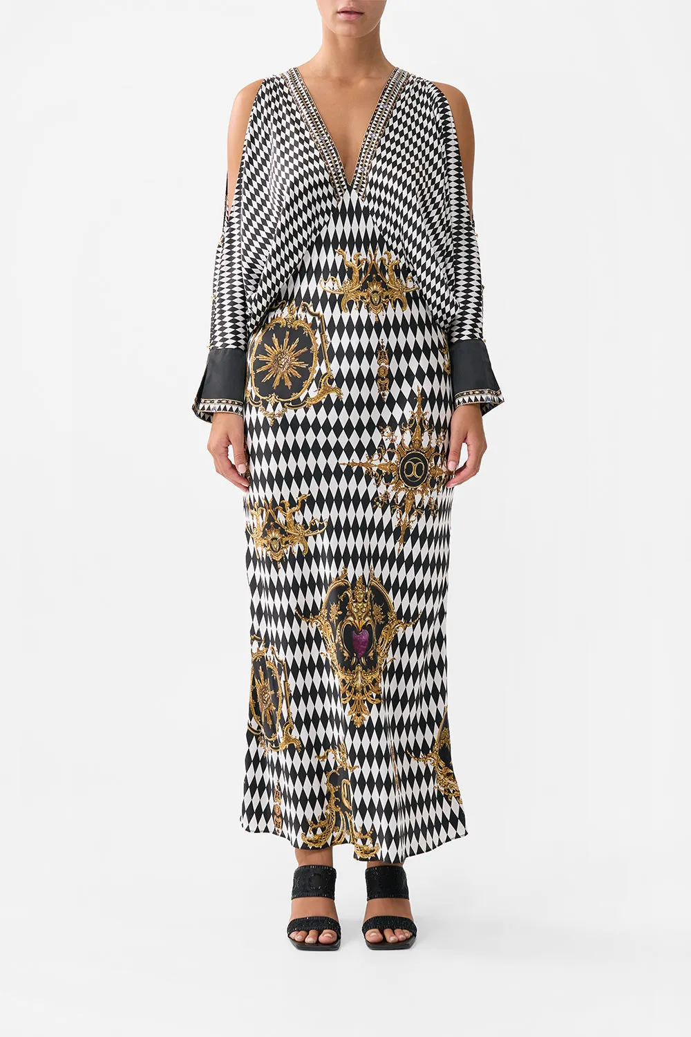 PLUNGE NECK DRAPED SHOULDER DRESS MONARCHY MANIA sold by Camilla