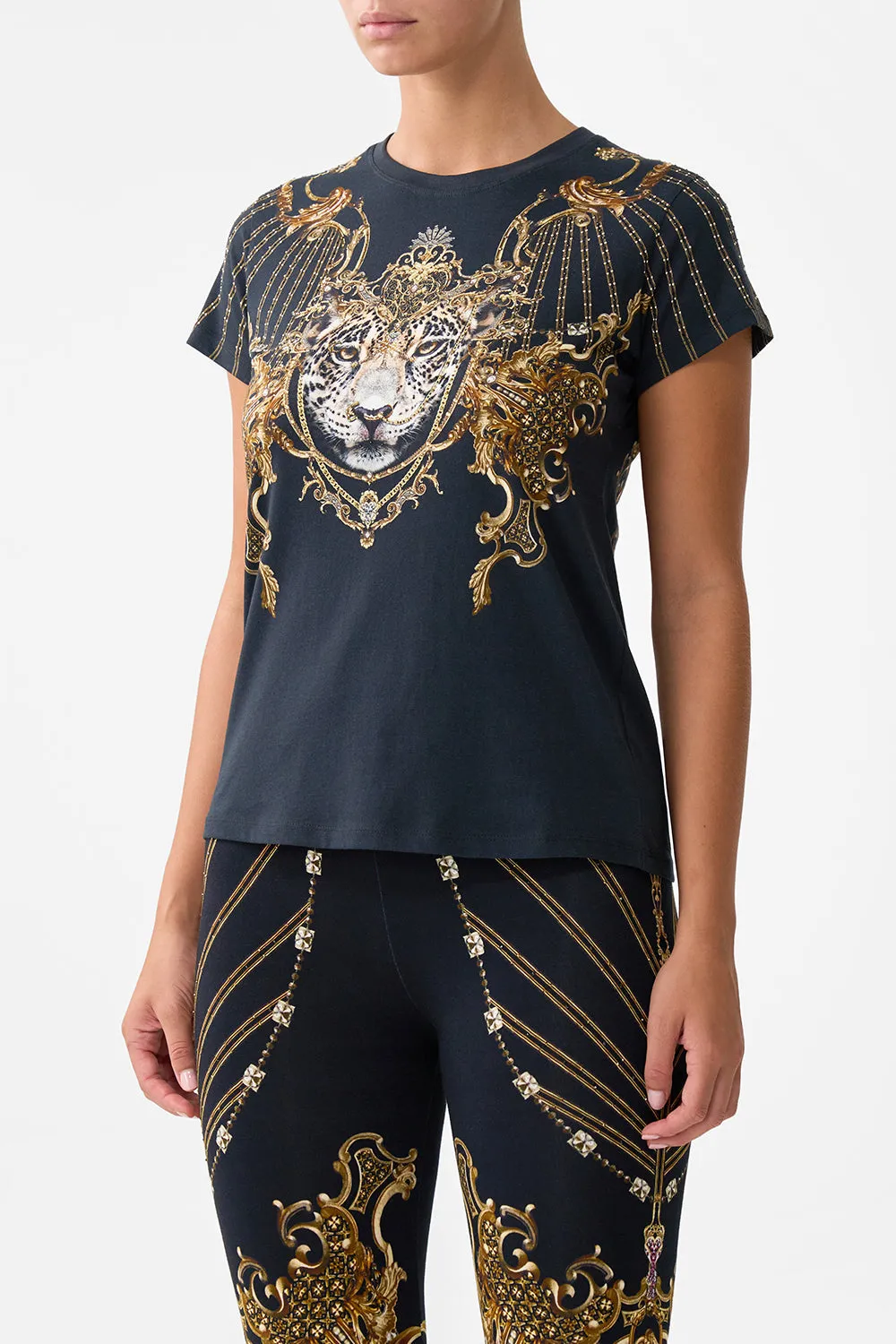 SLIM FIT ROUND NECK T-SHIRT - BLACK BAROQUE AROUND THE CLOCK sold by Camilla product image thumbnail 5