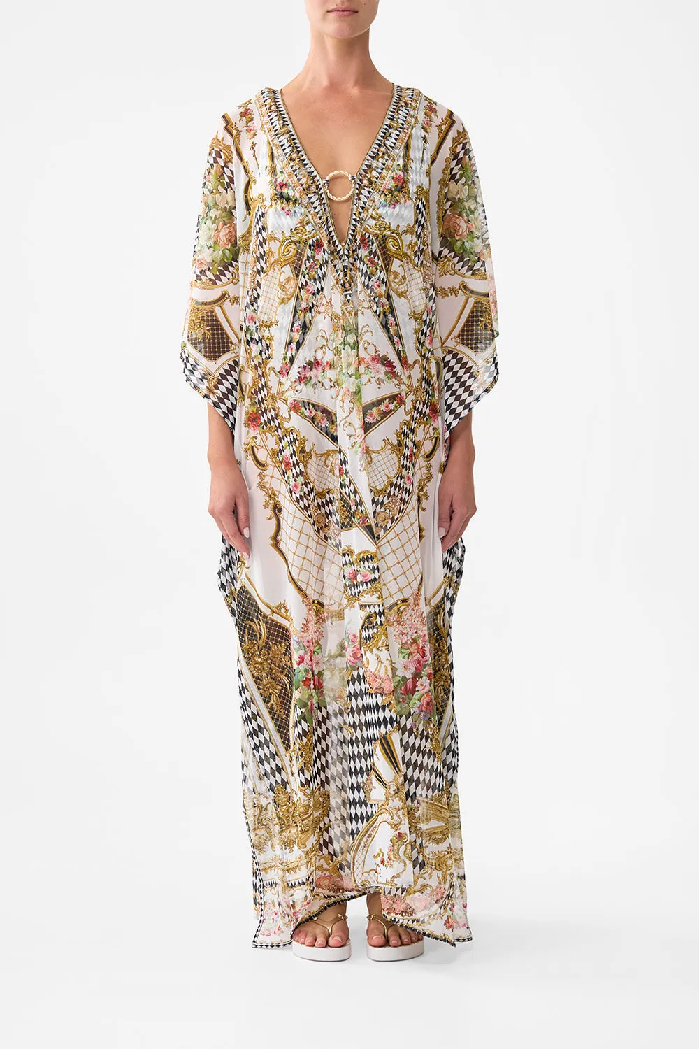STRETCH MESH KAFTAN WITH TRIM ROCOCO GLOW sold by Camilla