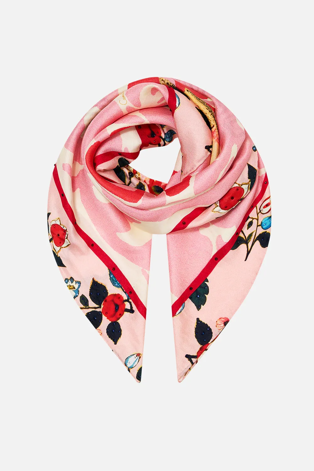 LARGE CRYSTALLED SILK SQUARE SCARF PINK PORTO sold by Camilla