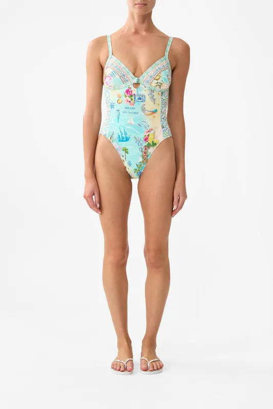 RUCHED PANELLED TRIANGLE ONE PIECE WITH KNOT FRONT JUST COASTING sold by Camilla