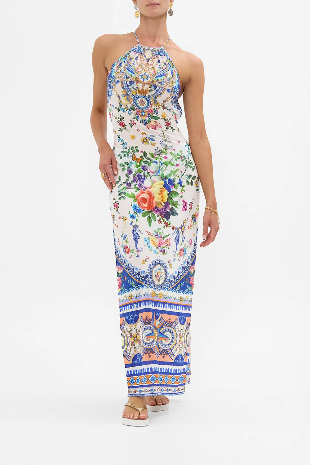 HIGH NECK MAXI DRESS WITH TIE BACK TILES DARLS sold by Camilla