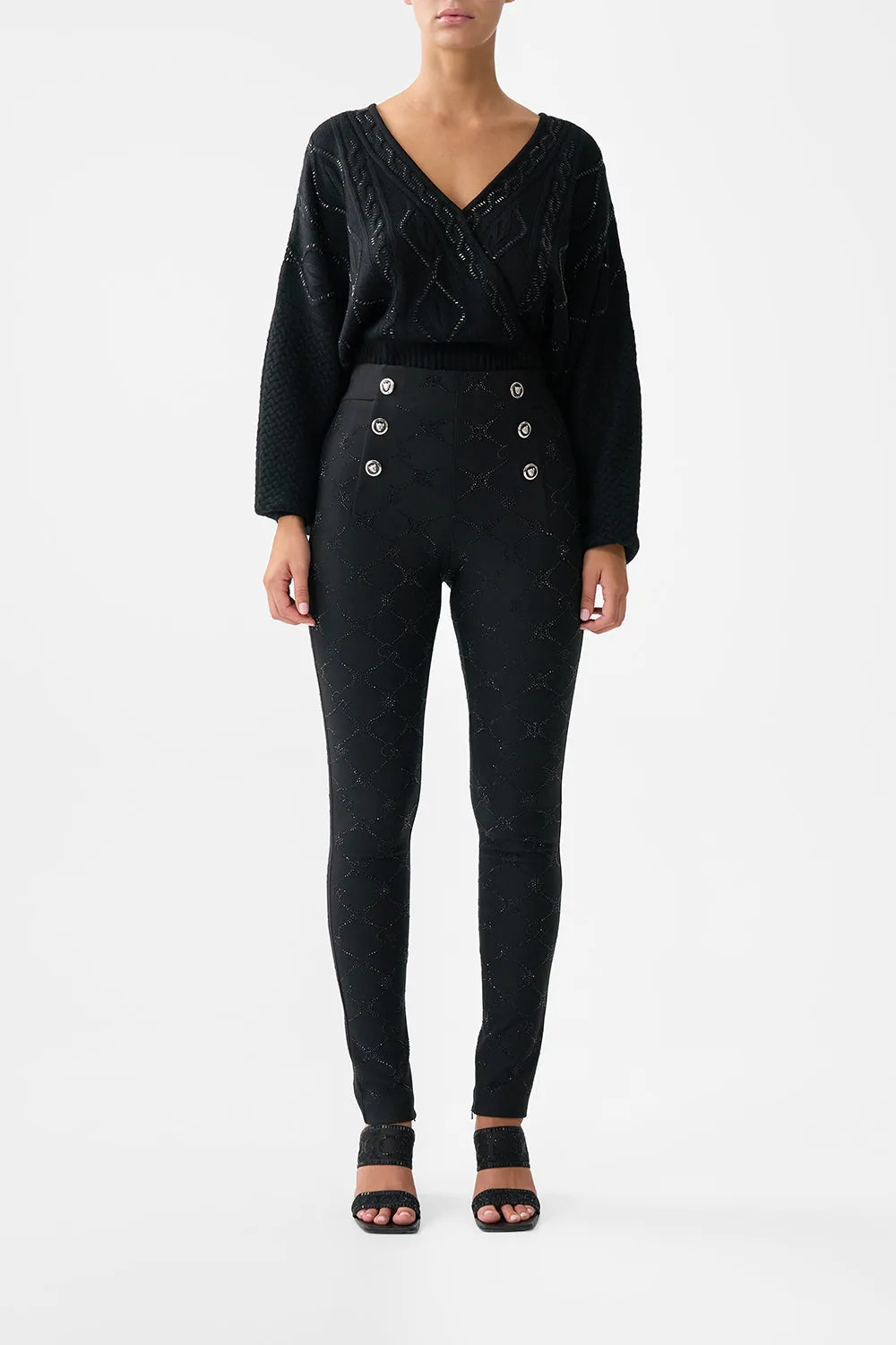 BUTTON EMBELLISHED PONTE PANT SOLID BLACK sold by Camilla