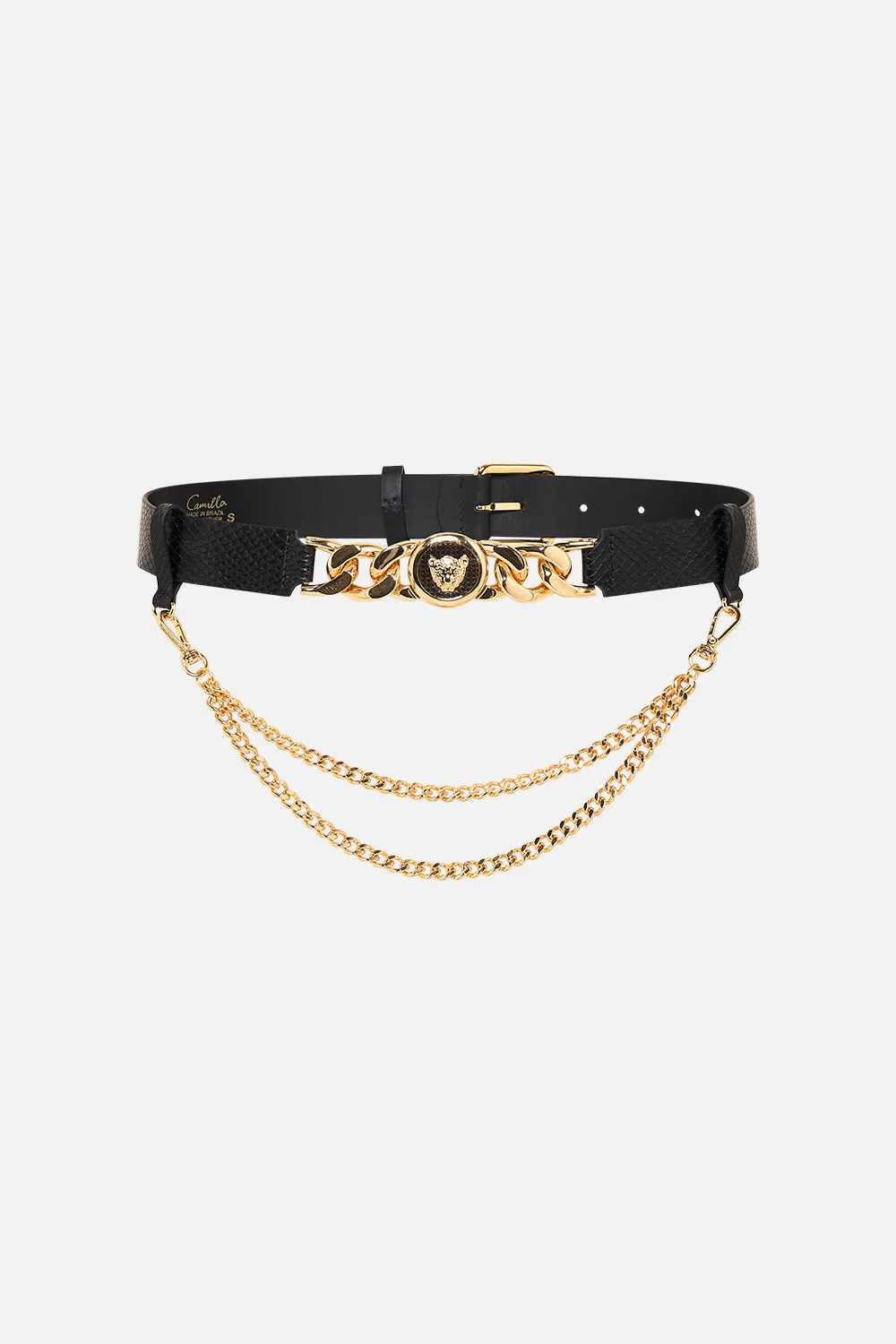 LEOPARD BUTTON BELT WITH CHAIN SOLID BLACK sold by Camilla