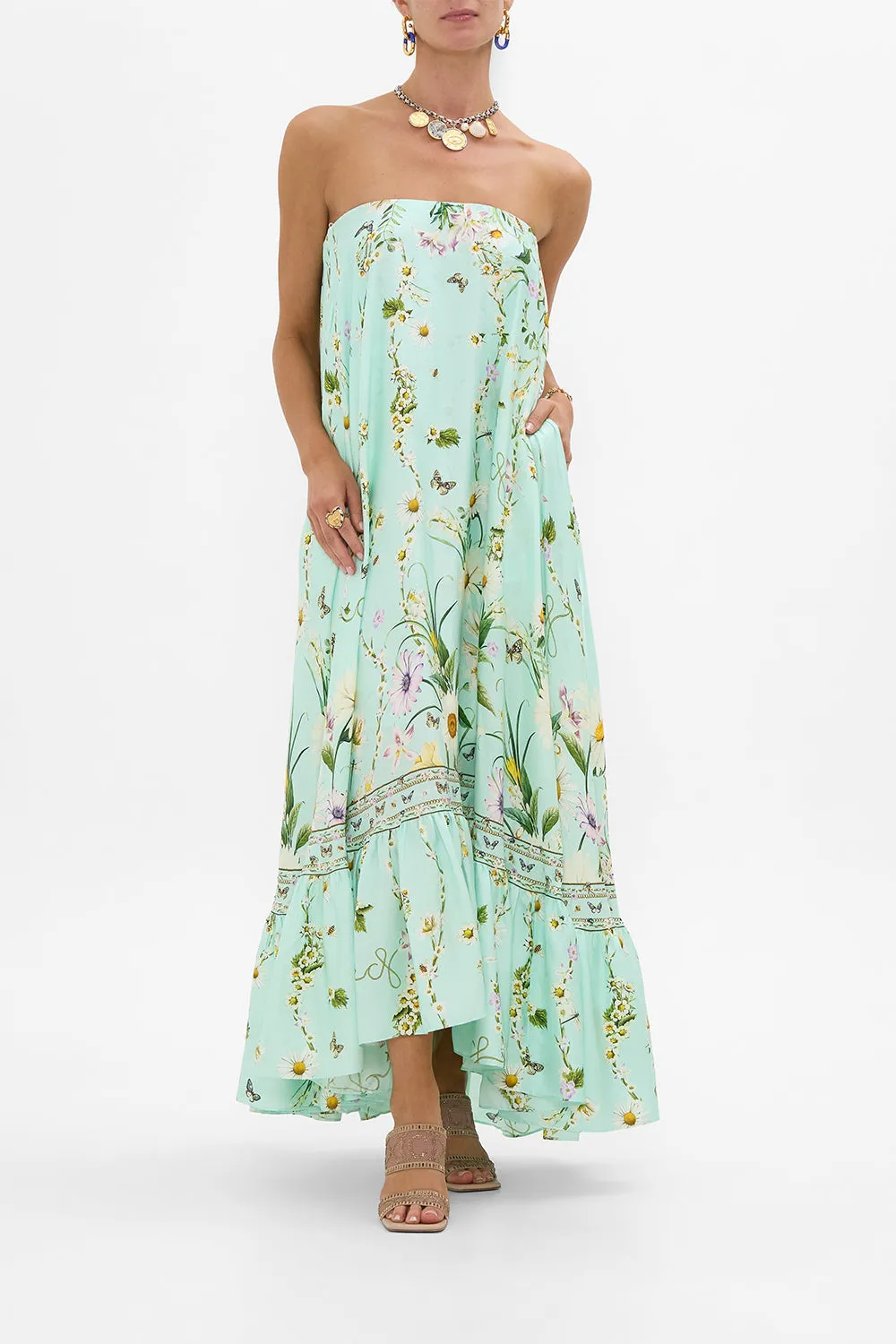 STRAPLESS MAXI WITH RUFFLE HEM FLORAL FREEFALL sold by Camilla