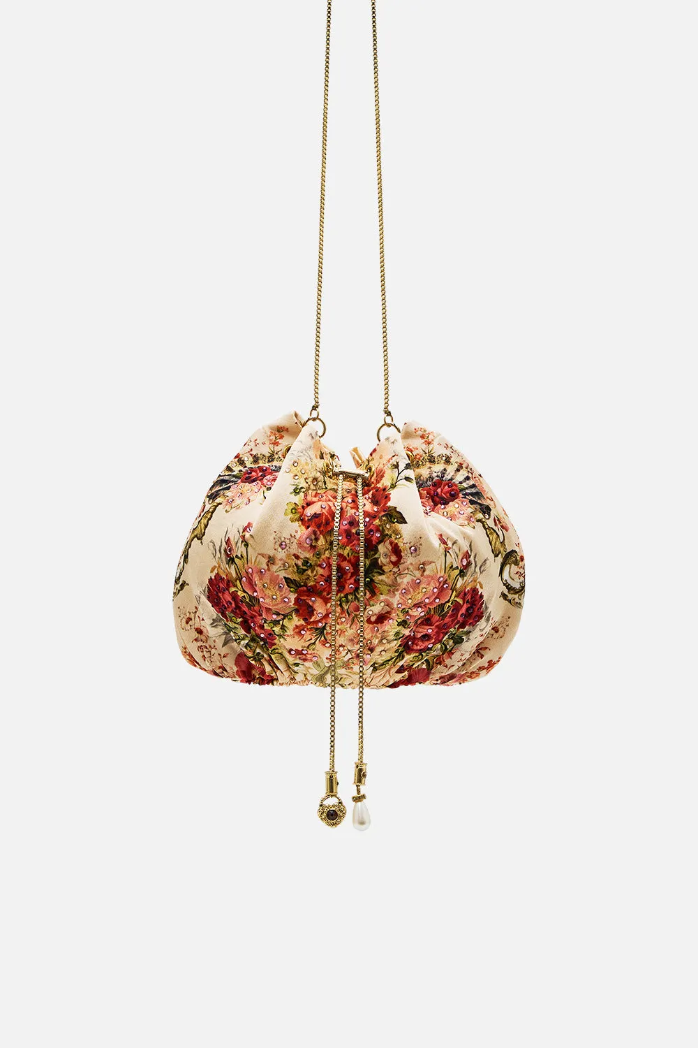 DRAWSTRING POUCH BAG WITH CHAIN STRAP MEET ME AT THE MAJESTIC sold by Camilla