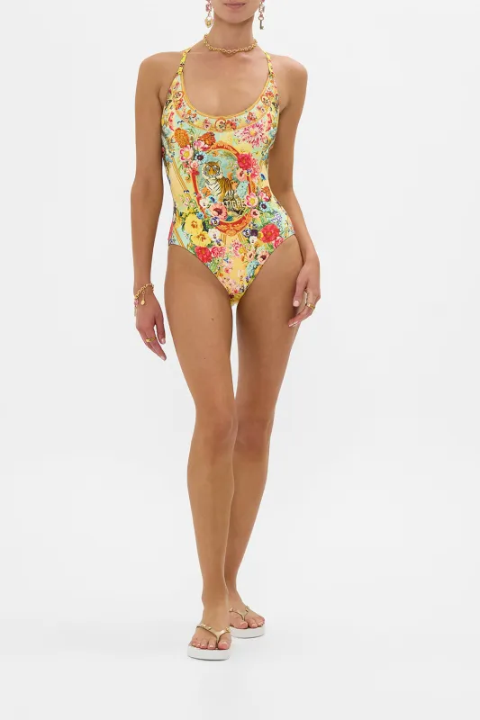 SCOOP NECK ONE PIECE WITH BUTTON STRAPS AROMATIC TIGER FLOWER made by Camilla