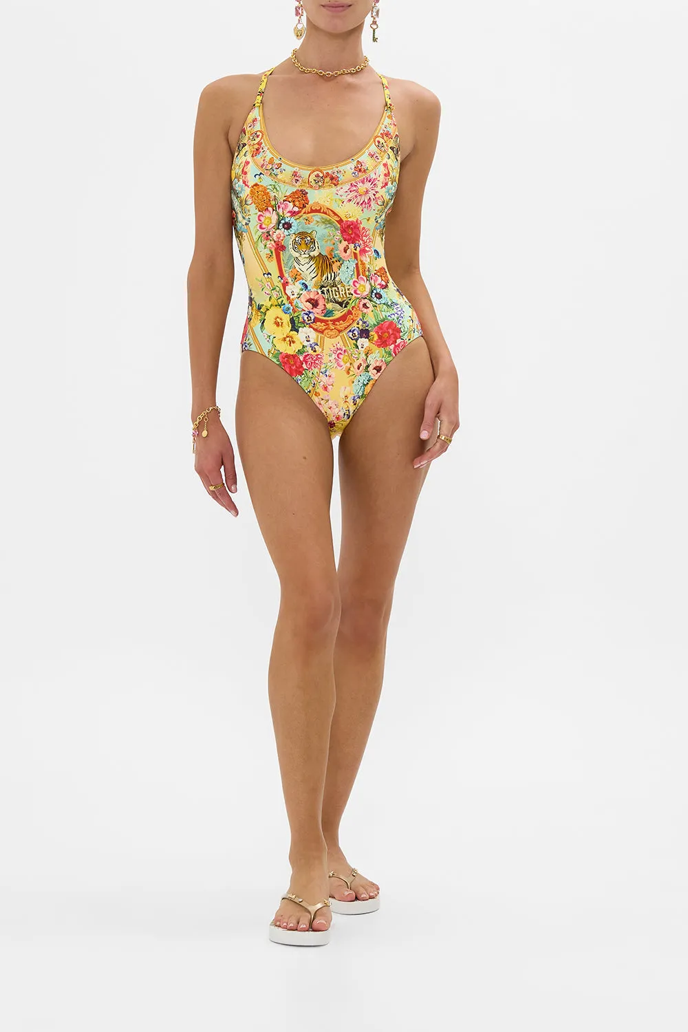 SCOOP NECK ONE PIECE WITH BUTTON STRAPS AROMATIC TIGER FLOWER sold by Camilla