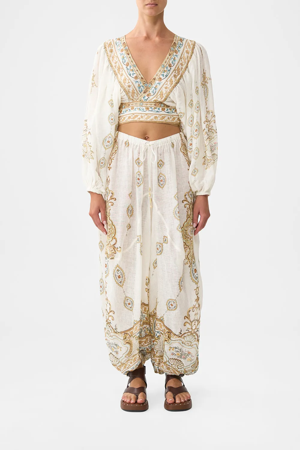 CROPPED BLOUSON SLEEVE TIE FRONT TOP OTTOMAN DYNASTY sold by Camilla