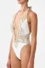 PLUNGE HALTER ONE PIECE WITH PLEATED WAIST TRIM OTTOMAN DYNASTY sold by Camilla