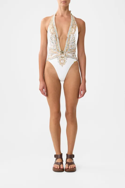 PLUNGE HALTER ONE PIECE WITH PLEATED WAIST TRIM OTTOMAN DYNASTY sold by Camilla