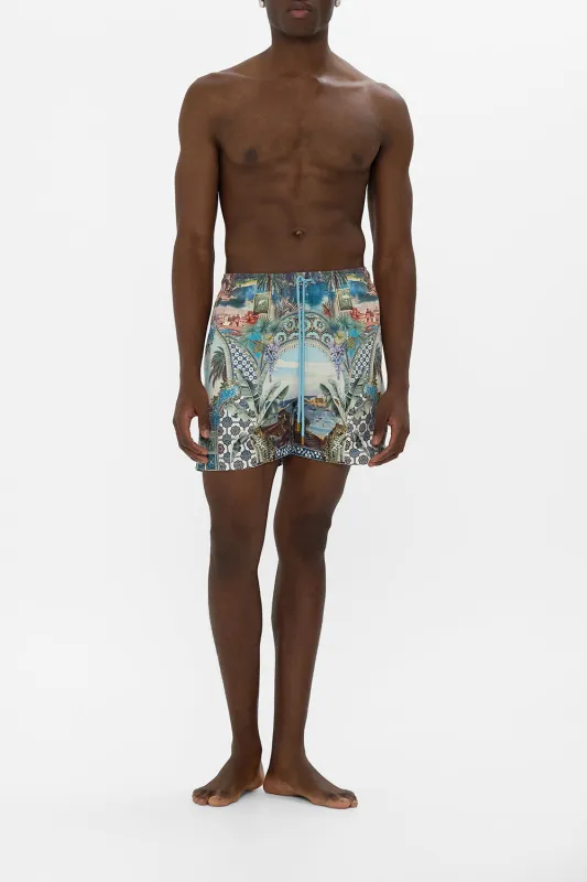 MID LENGTH BOARDSHORT WITH ELASTIC WAIST POSTCARDS & PALM TREES sold by Camilla