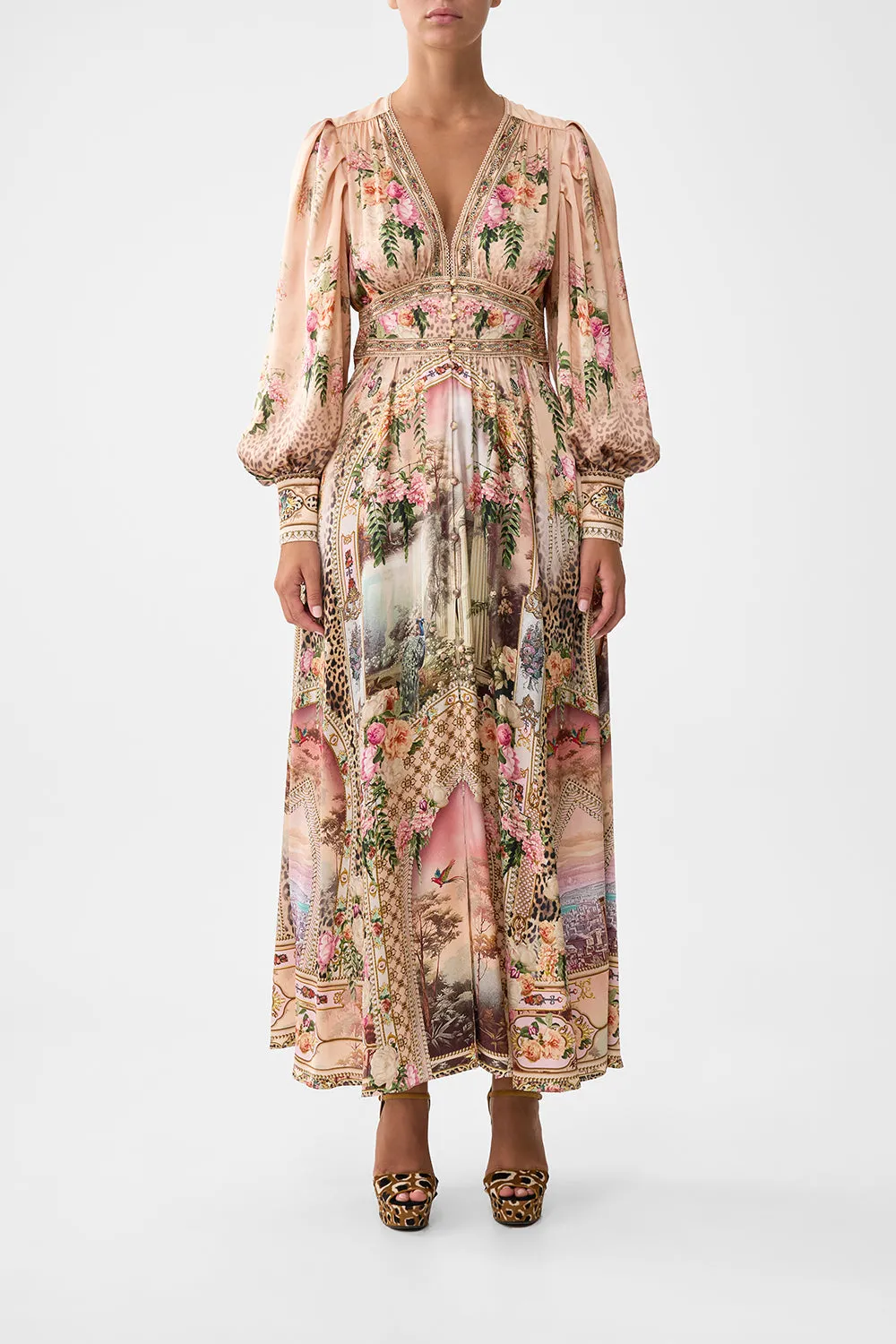SHAPED WAISTBAND DRESS WITH GATHERED SLEEVES WATERCOLOUR WONDERLAND sold by Camilla