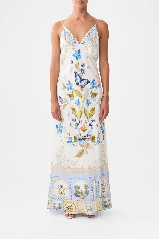 V-NECK LONG BIAS SLIP DRESS WITH TRAIN BOTANICAL BALLADS sold by Camilla