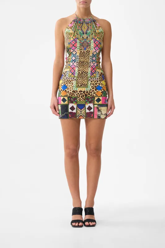 HALTER BEACH MINI DRESS W CUT OUT WAIST TRIM EMBROIDERED EVER AFTER sold by Camilla