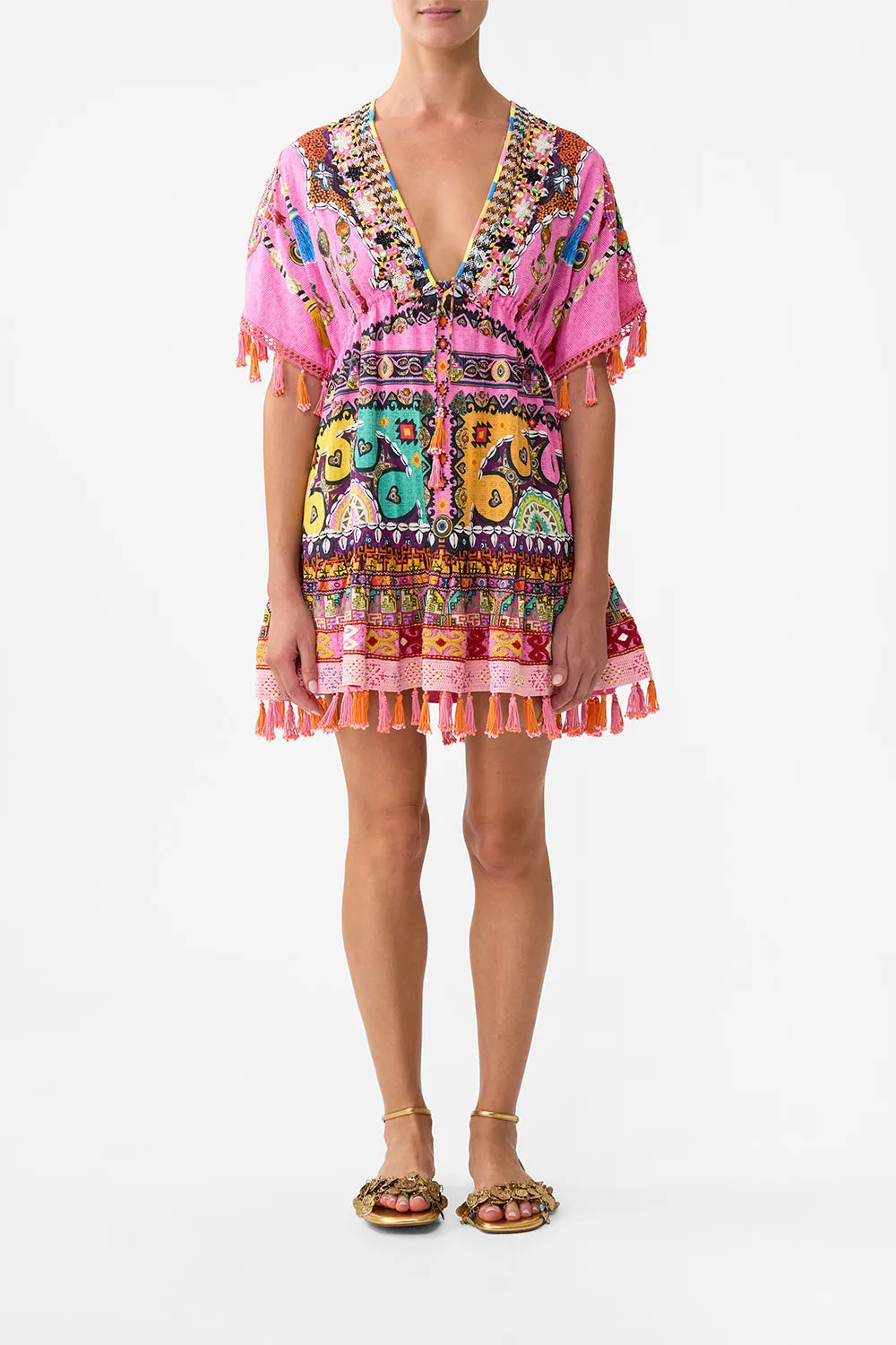 SHORT V NECK EMBROIDERED DRESS PATCHWORK PANORAMA sold by Camilla