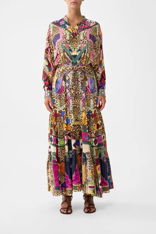 TIERED SHIRTDRESS WITH WIDE WAIST TIE EMBROIDERED EVER AFTER sold by Camilla