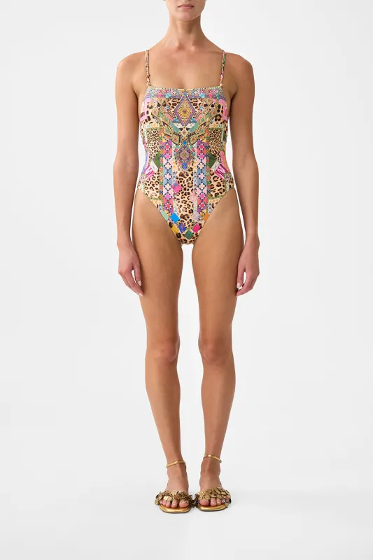 STRAIGHT NECK DOUBLE STRAP BUTTON ONE PIECE EMBROIDERED EVER AFTER sold by Camilla