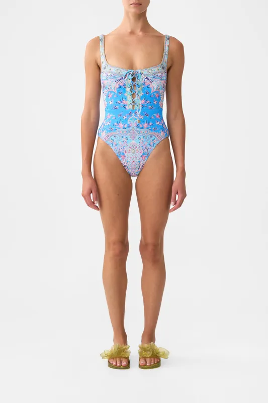 LACE UP UNDERWIRE SQUARE NECK ONE PIECE FOOTSTEPS IN FOLKLORE sold by Camilla