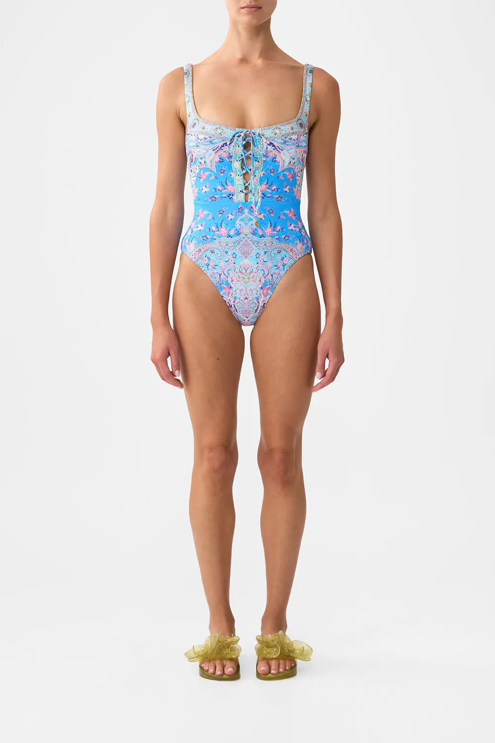 LACE UP UNDERWIRE SQUARE NECK ONE PIECE FOOTSTEPS IN FOLKLORE sold by Camilla