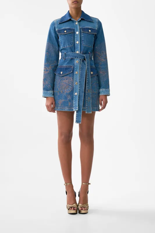 JENNA ZODIAC ZONE BELTED MINI DRESS DENIM sold by Camilla