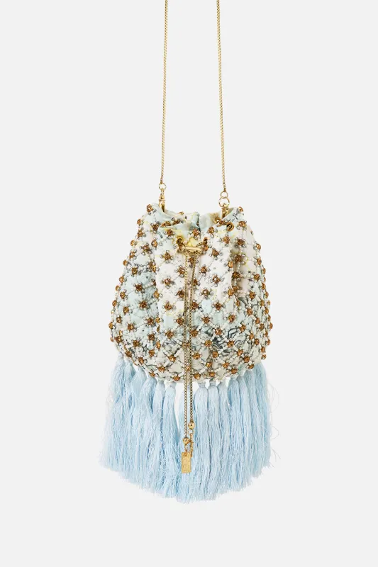 EMBELLISHED DRAWSTRING POUCH BAG WITH TASSELS MY LUCKY STARS sold by Camilla