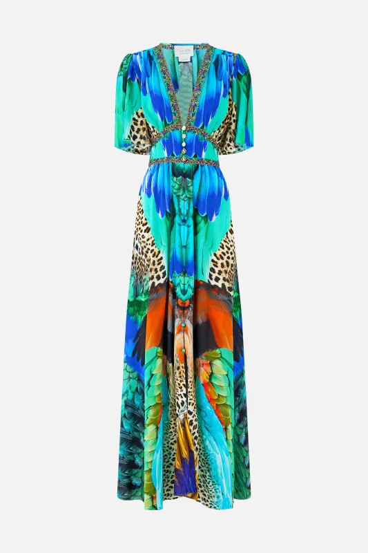 SHAPED WAISTBAND DRESS WITH FLUTTER SLEEVES JUNGLE FLIGHT sold by Camilla