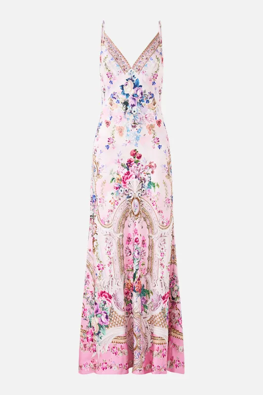 V-NECK LONG BIAS SLIP DRESS WITH TRAIN PALATIAL PASTELS sold by Camilla