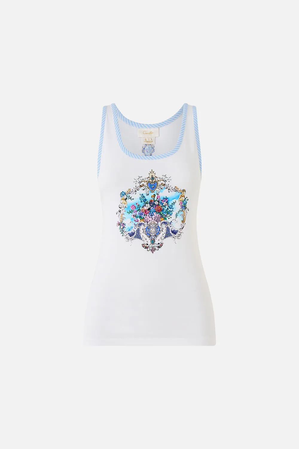 JERSEY SCOOP NECK TANK TOP - WHITE/BLUE OTTOMAN OPULENCE sold by Camilla