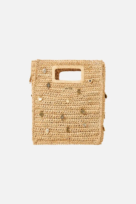 RAFFIA MINI NORTH SOUTH TOTE WITH CHARMS NATURAL sold by Camilla