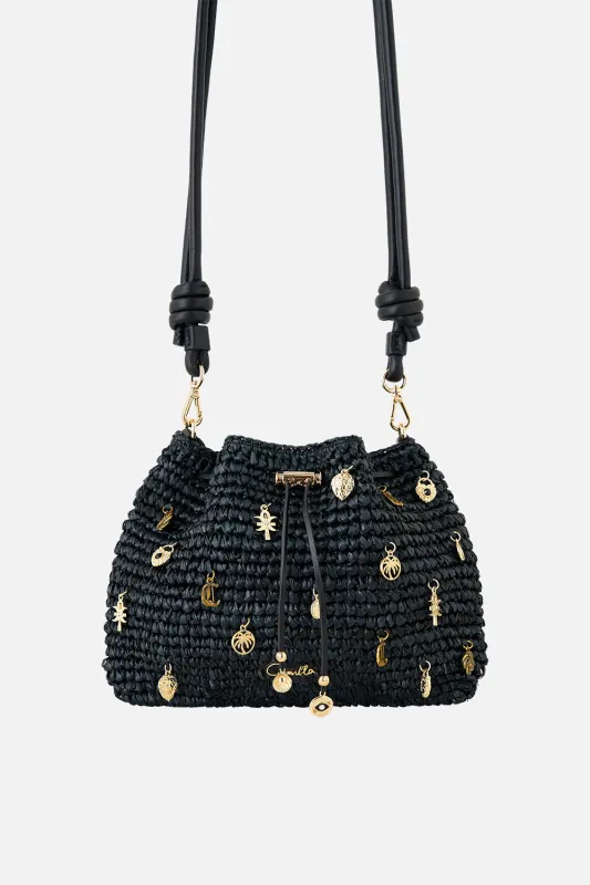 RAFFIA POUCH BAG WITH CHARMS SOLID BLACK sold by Camilla